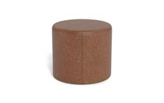 a brown leather stool is shown against a white background, with the lid partially closed