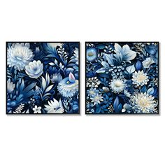 two paintings with blue and white flowers on them