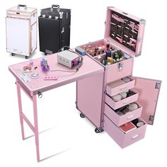 Yescom Mobile Makeup Station with 4 spinner wheels and 2 of the wheels are lockable, also the wheels with a detachable design for easy replacement, featuring an expandable floor-standing table and mirror, a Portable Bluetooth Speaker, and 4 large capacity drawers. High Quality: Dual-purpose which features an expandable floor-standing table that is crafted for primary use in a fixed location serves as a nail art workstation This makeup station is not intended for frequent moving or transportation Nails Table, Table And Mirror, Teenager Bedroom, Kitty Room, Rolling Makeup Case, Table Makeup, Nail Table, Nail Station, Embroidered Photo