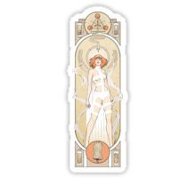 a sticker with an image of a woman in white dress and cross on it