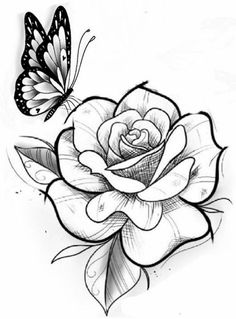 a black and white drawing of a rose with a butterfly on it