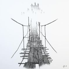 a drawing of a bridge that is surrounded by sticks and poles in the snow with a castle on top