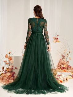 Verde Oscuro  Collar manga larga Encaje Color combinado,Liso A línea Embellished No-Elástico Brides Mother Dress, Dress With Pleats, Mothers Dresses, Elegant Dresses Long, Ruffled Maxi Dress, Lace Ruffle, A-line Wedding Dress, Boho Women, Formal Wedding