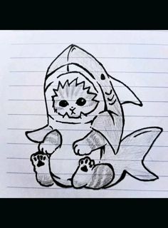 a drawing of a cat in a fish costume sitting on top of a piece of paper