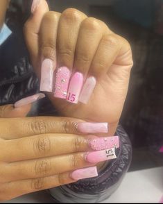 Nail Designs For 15 Birthday, Nails 15 Birthday, Birthday Nails For 13 Short, Sweet 16 Nails Acrylic Short, Cute Sweet 16 Nails, 16 Birthday Nails Acrylic Long, Nail Birthday Design, Short Nail Designs Birthday Ideas, Birthday Nails 12-13