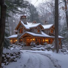 a house in the woods with snow on the ground and trees around it, all lit up at night