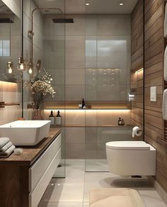 a modern bathroom with two sinks and a toilet