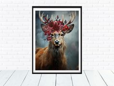 a deer with flowers in its antlers on it's head, against a brick wall