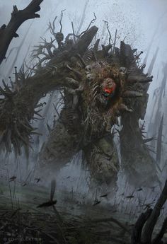 a giant monster in the middle of a forest with birds flying around it's head