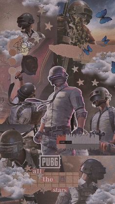 a collage of people with helmets on and clouds in the background, including stars