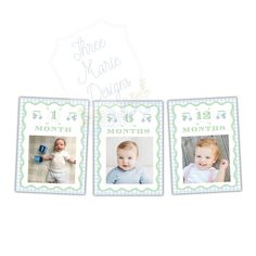 three pictures of babys and their first year in blue, green, and white