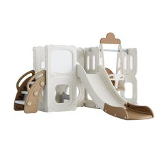 a children's play set with a slide and climbing frame in white, brown and tan