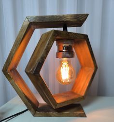 the light bulb is in an octagonal wooden frame