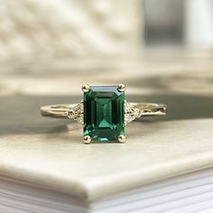 14KT Yellow Gold Lab Emerald + Diamond Estate Ring Size 4.5 - Legacy Saint Jewelry Emerald Square Ring, Emerald Cut Gemstone Ring, Emerald Wedding Ring Vintage, Gold And Emerald Ring, Antique Emerald Engagement Ring, Emerald Ring Design, Vintage Emerald Ring, Green Engagement Rings, Emerald Gold Ring