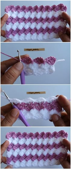 the crochet stitches are being used to make an afghan stitch in purple and white