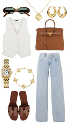 #outfitinspo #summeroutfit #hermes #cartier #vancleef #birkin #gold #brown Birkin Gold, Jeans Claro, Classic Style Outfits, Summer Work Outfits, Weekly Outfits, Brown Outfit, Trendy Fashion Outfits, Casual Chic Outfit, Chic Outfit