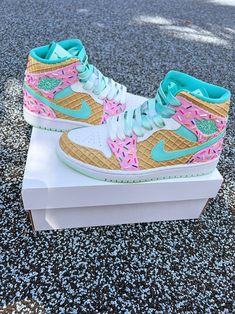 Strawberry Mint Ice Cream Jays - Shoe Bakery Ice Cream Shoes, Nike Shoes Women Fashion, Nike Products, Custom Sneakers Diy, Pretty Sneakers, Mint Ice Cream, Strawberry Mint, Waffle Cone, Nike Fashion Shoes