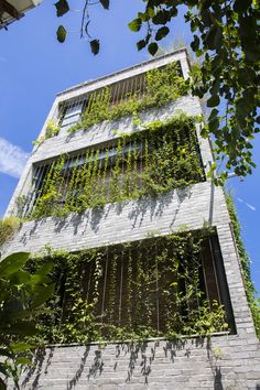 a tall building with lots of plants growing on it