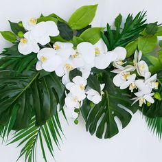 white flowers and green leaves against a white background