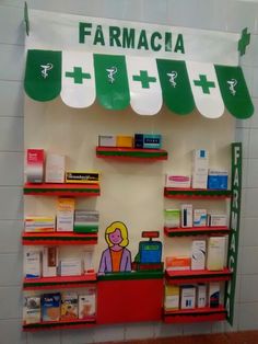 a pharmacy store display with shelves filled with medicine and other medical supplies on the wall