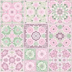 a collection of pink and green floral tiles