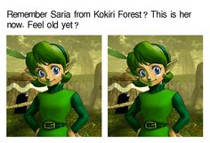 an animated image of a woman with green hair and blue eyes, standing in front of a forest