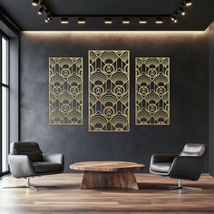 an elegant living room with black walls and gold art deco wall panels on the wall