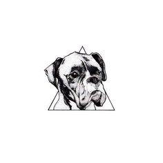 a black and white drawing of a dog's face with an triangle in the background