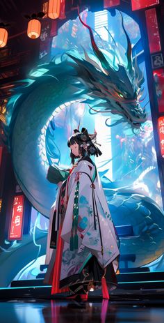 an anime character standing in front of a dragon