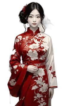 a woman in a red and white kimono