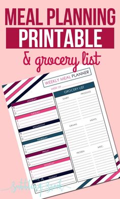 the meal planner printable and grocery list is shown with text overlaying it