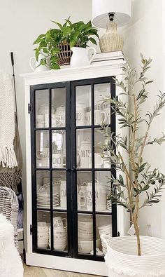 a black and white china cabinet with glass doors, potted plants and dishes on top