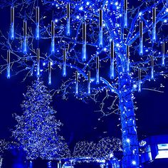 a blue lit christmas tree in the middle of a park with lights all around it