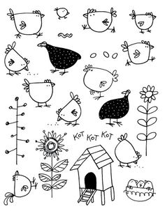 chickens and flowers are drawn in black ink