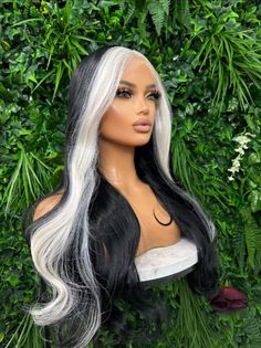 Fashion Long White Finger Black Wavy Wigs T Part Lace Front Real Human Hair Wig Wigs Black Long, White Human Hair Wig, White Wig Curly, Long White Hair Wig, Realistic White Wig, Real Human Hair Wigs, Black Bedroom Decor, Wavy Wigs, Choppy Bangs