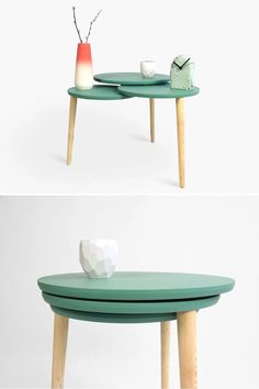 two tables with different shapes and colors on them