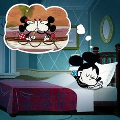 a mickey mouse cartoon with a thought bubble above it's head and a bed in the background