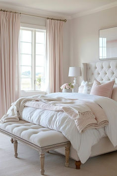 a white bed sitting in a bedroom next to two windows with drapes on them