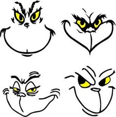 four different faces with yellow eyes and one has an angry look on it's face