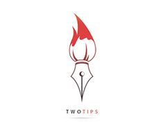 the logo for twotips is designed to look like a fountain pen with a flame coming out of it