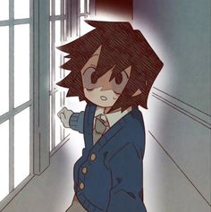 an anime character standing in front of a window with her hand on the door handle