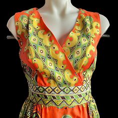 Vintage 1970s Colorful Orange Mod Print Sleeveless Maxi Dress  | eBay Mod Print, Gloria Steinem, Green Yellow Blue, Colors Orange, Sleeveless Maxi Dress, White Fabric, Raw Silk, Vintage 1970s, Yellow Blue