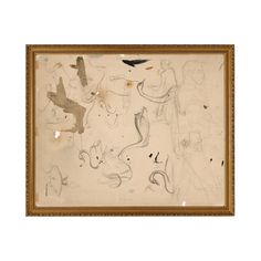 an abstract painting with birds and other animals in gold frames on a white wall above it