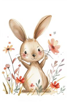 a watercolor painting of a rabbit surrounded by flowers