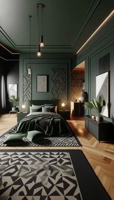 a bedroom with dark green walls and wood flooring is pictured in this image, there are two lamps on either side of the bed