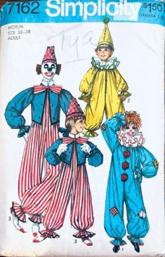 two children's clown costumes, one in blue and the other in red