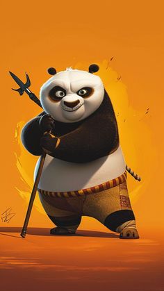 a cartoon panda holding a giant hammer and wearing an orange shirt, standing in front of a yellow background