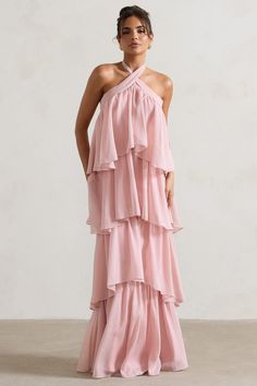 Kassiah Light Pink Halter-Neck Ruffle Maxi Dress – Club L London - USA Peach Dress Long, Light Pink Wedding Dress, Blush Pink Bridesmaid Dresses, Bright Pink Dresses, Floral Bridesmaid Dresses, Maxi Dresses Uk, Club L London, Pink Floral Maxi Dress, Bridesmaid Attire