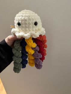 a hand holding up a small crocheted jellyfish with eyes on it's head