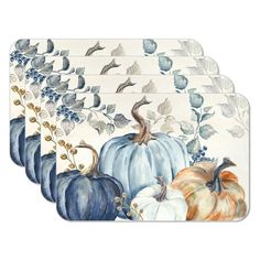 CounterArt "Pumpkin Blues" Reversible Multicolor Plastic Tabletop Placemat 4 Pack. Made in the USA in our Florida facility. Placemats are constructed of BPA and PVC Free flexible plastic. Placemats are reversible and have a coordinating different design printed on each side. Placemats create a dramatic effect to your space. Each Placemat measures 17.13 x 11.25 x .15. Placemats fit perfectly on any table. Easy Care Placemats protect your table or countertop from spilled food, scratches, or stains Autumn Placemats, Reversible Placemats, Fall Placemats, Kitchen Placemats, Thanksgiving Kitchen, Autumn Dining, Water Rings, Farmhouse Halloween, Kitchen Table Decor